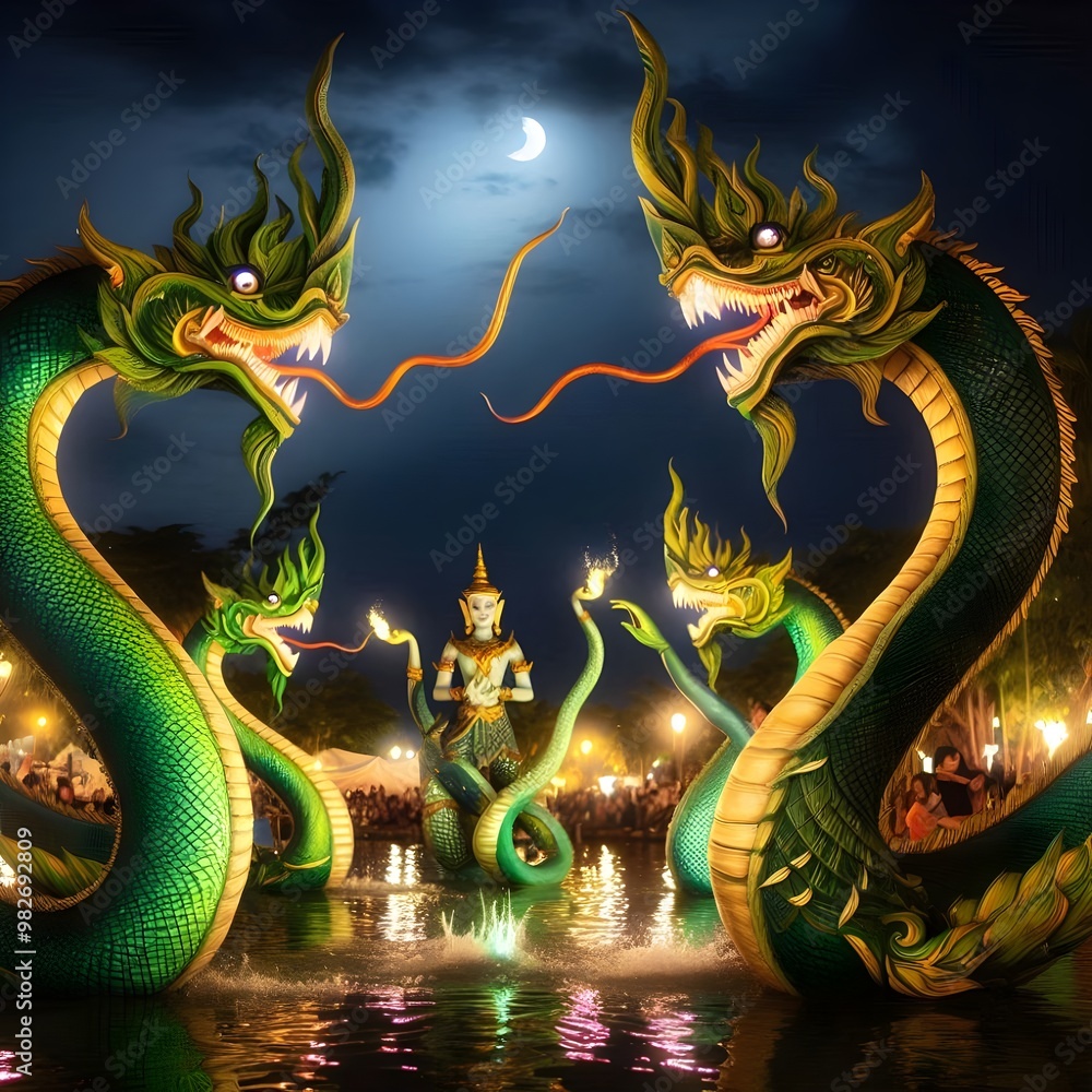 Fototapeta premium Green and golden serpents are playing in the water at night.