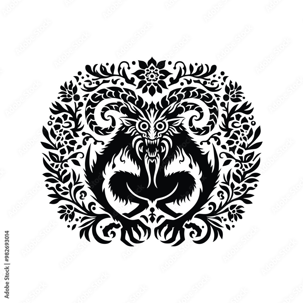 Fototapeta premium Wendigo creature with folk art decoration in black and white illustrations, cutout graphic