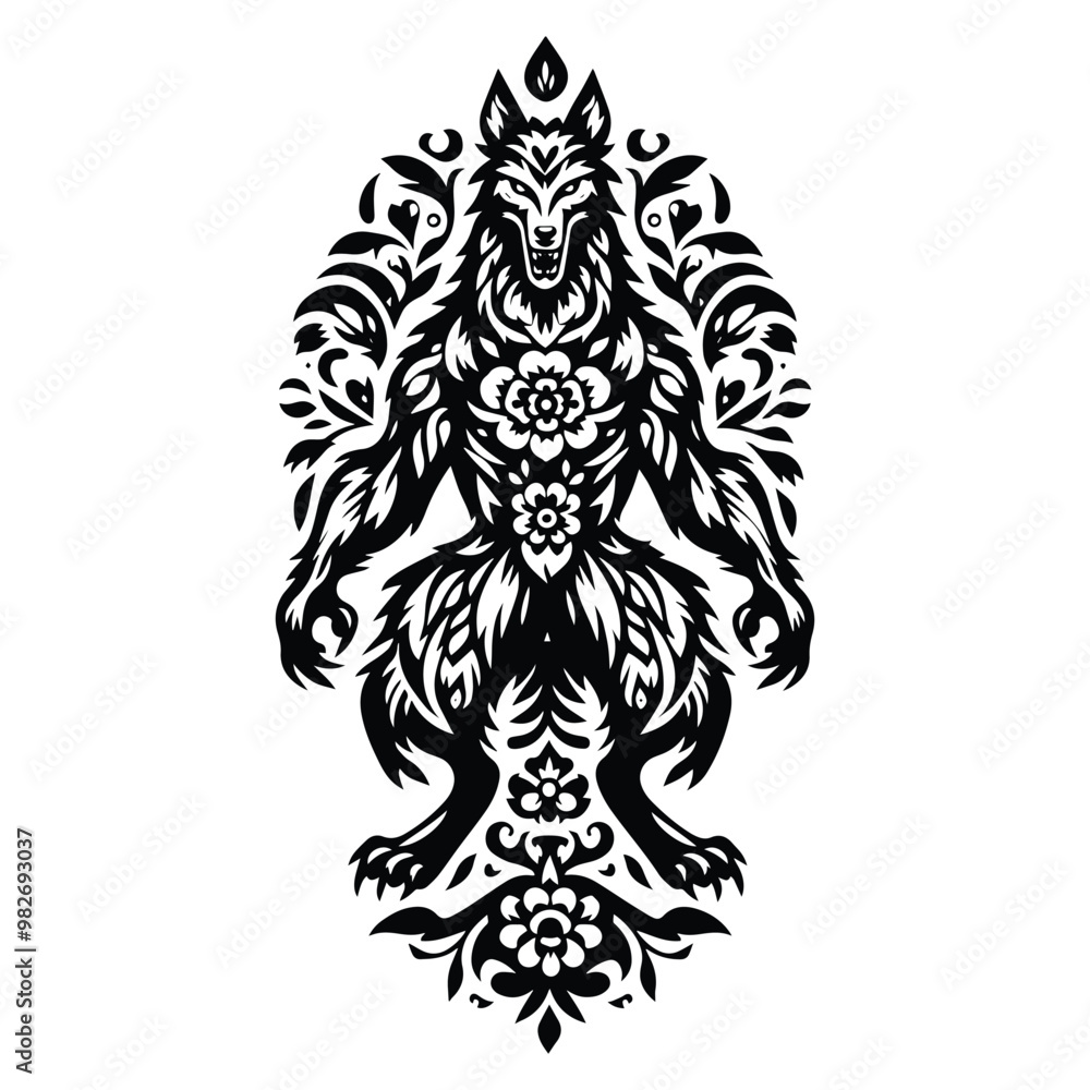 Fototapeta premium werewolves creature with folk art decoration in black and white illustrations, cutout graphic