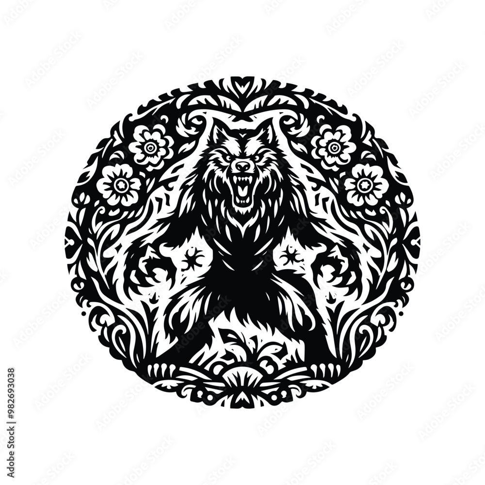 werewolve creature standing with folk art decoration in black and white illustrations, cutout graphic werewolve creature standing with folk art decoration in black and white illustrations, cutout graphic