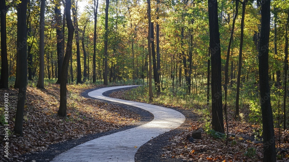 Fototapeta premium A park cycling trail that winds through the woods, offering scenic views and peaceful rides