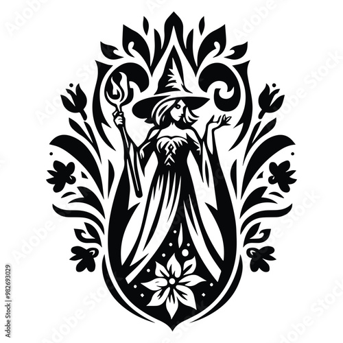 wizard female inside folk art decoration in black and white illustrations, cutout graphic