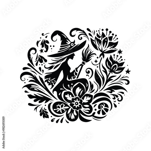 witch inside folk art decoration in black and white illustrations, cutout graphic