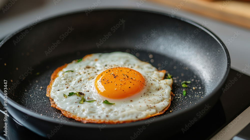 Closeup of a plantbased egg substitute being cooked on a smart stovetop, plantbased innovation, alternative foods Closeup of a plantbased egg substitute being cooked on a smart stovetop, plantbased innovation, alternative foods