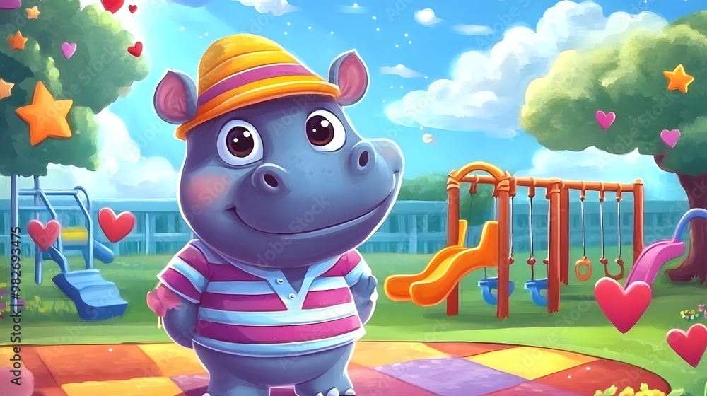 Fototapeta premium Shiny hippo with big eyes in a striped shirt and funny hat surrounded by hearts stars and a cheerful playground with swings and slides