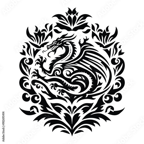 wyvern dragon with folk art decoration in black and white illustrations, cutout graphic
