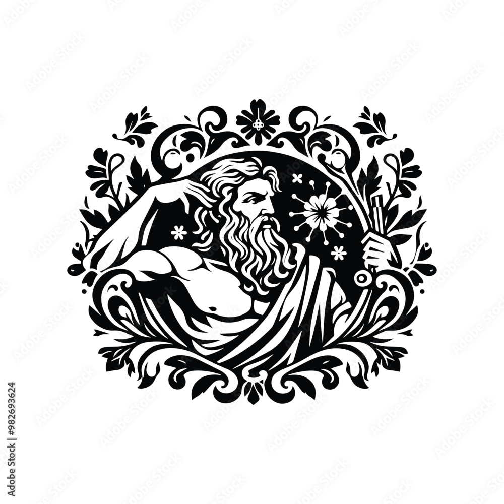 Zeus greek god with folk art decoration in black and white illustrations, cutout graphic Zeus greek god with folk art decoration in black and white illustrations, cutout graphic