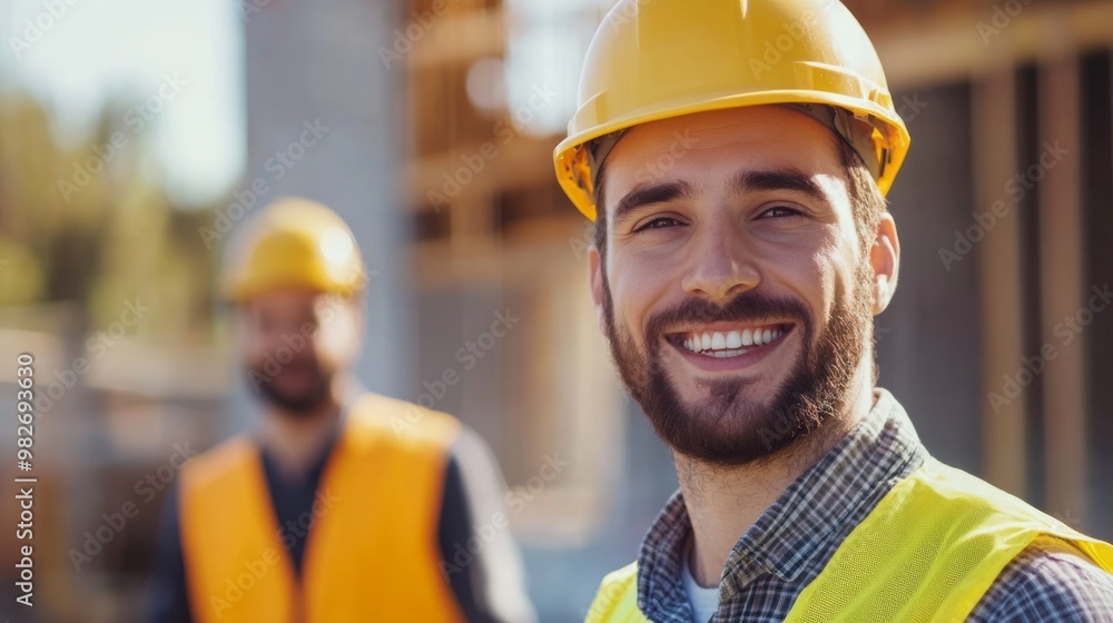 A smiling construction worker in a yellow hard hat and vest, standing confidently at the construction site with two coworkers in the background, embodying teamwork and job satisfaction. A smiling construction worker in a yellow hard hat and vest, standing confidently at the construction site with two coworkers in the background, embodying teamwork and job satisfaction.