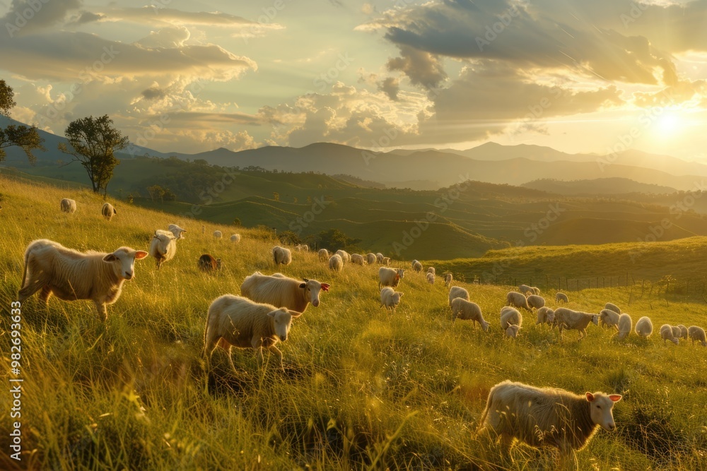 Fototapeta premium A group of sheep grazing on a lush green hillside