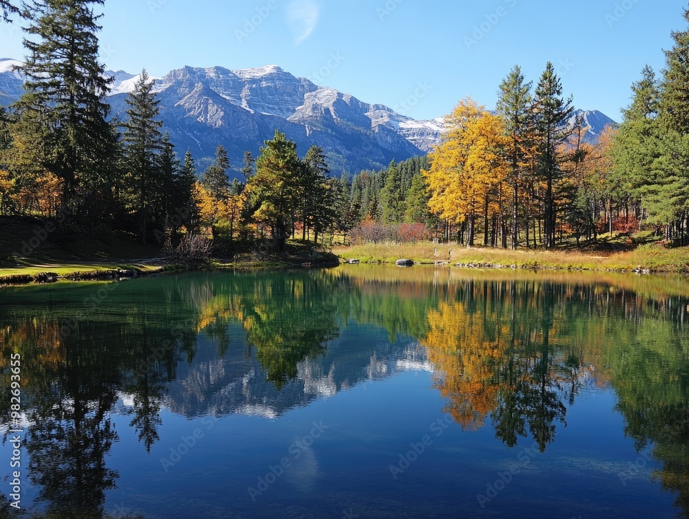 Fototapeta premium A scenic park with a crystal-clear lake reflecting the surrounding trees and mountains