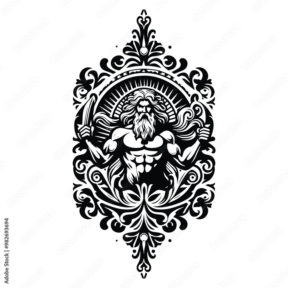 Zeus greek god with folk art decoration in black and white illustrations, cutout graphic Zeus greek god with folk art decoration in black and white illustrations, cutout graphic