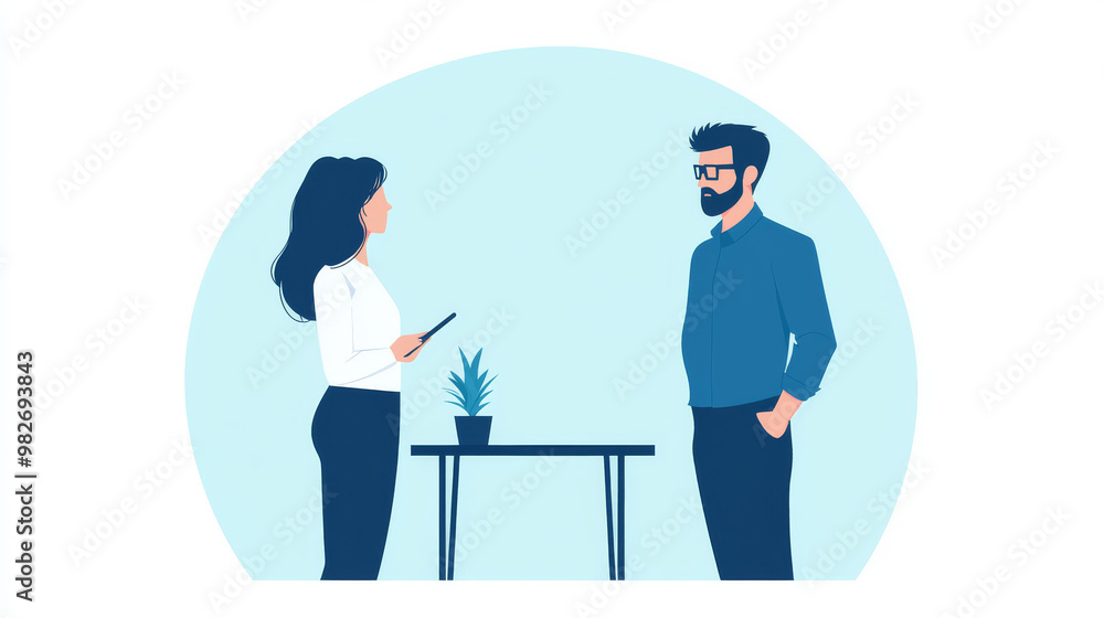 A woman in a white shirt and blue pants talks with a man in a blue shirt A woman in a white shirt and blue pants talks with a man in a blue shirt
