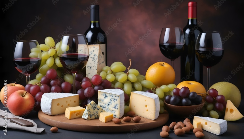 Wine and cheese platter with grapes and apples on a dark background
Wine and cheese platter with grapes and apples on a dark background