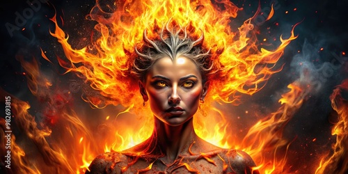 Beautiful fire elemental goddess or demon burning with flames , fiery, powerful, mystical, fiery eyes, elegant