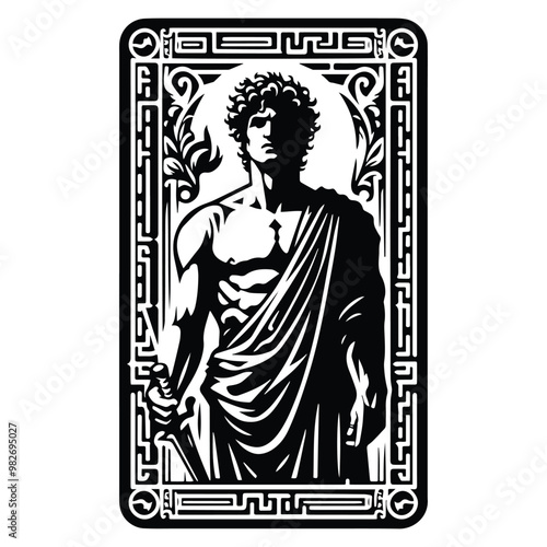 Apollo greek god with tarot card in black and white illustrations, cutout graphic