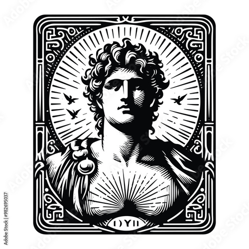 Apollo greek god with tarot card in black and white illustrations, cutout graphic