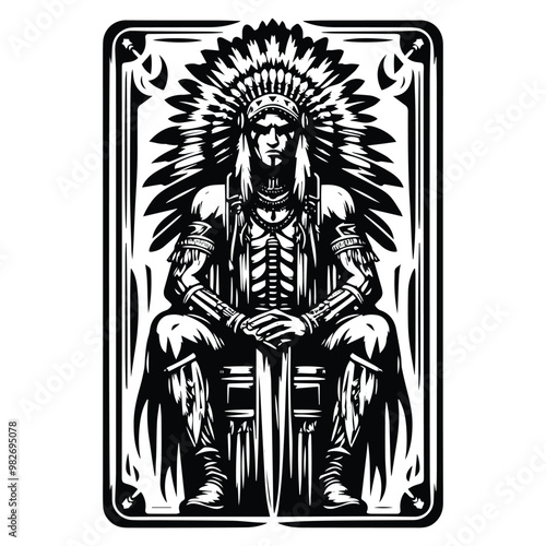 apache warior male with tarot card in black and white illustrations, cutout graphic
