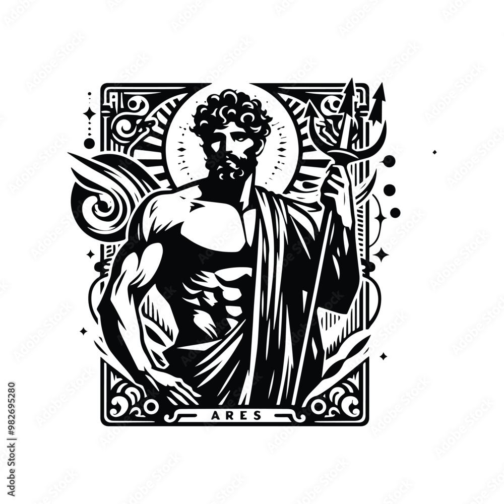 Ares greek god with tarot card decoration in black and white illustrations, cutout graphic Ares greek god with tarot card decoration in black and white illustrations, cutout graphic