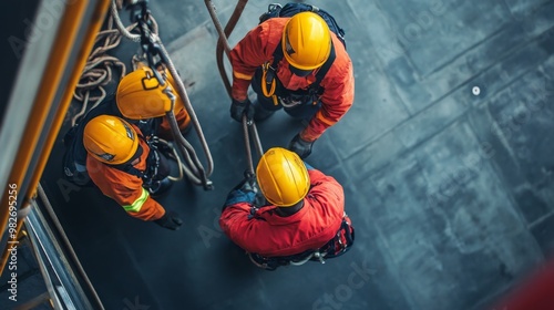 Fototapeta Naklejka Na Ścianę i Meble -  A team of workers, conducting a safety drill for confined space rescue