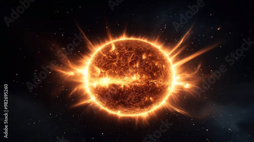 A detailed image of the sun's surface with prominent solar flares and coronal mass ejections against a dark space background. photo