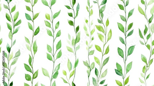 Seamless pattern featuring vertical lines of leaves Watercolor green stripes of leafy twigs on a white background ideal for wrapping paper textiles and backgrounds