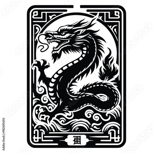 asian dragon with tarot card in black and white illustrations, cutout graphic