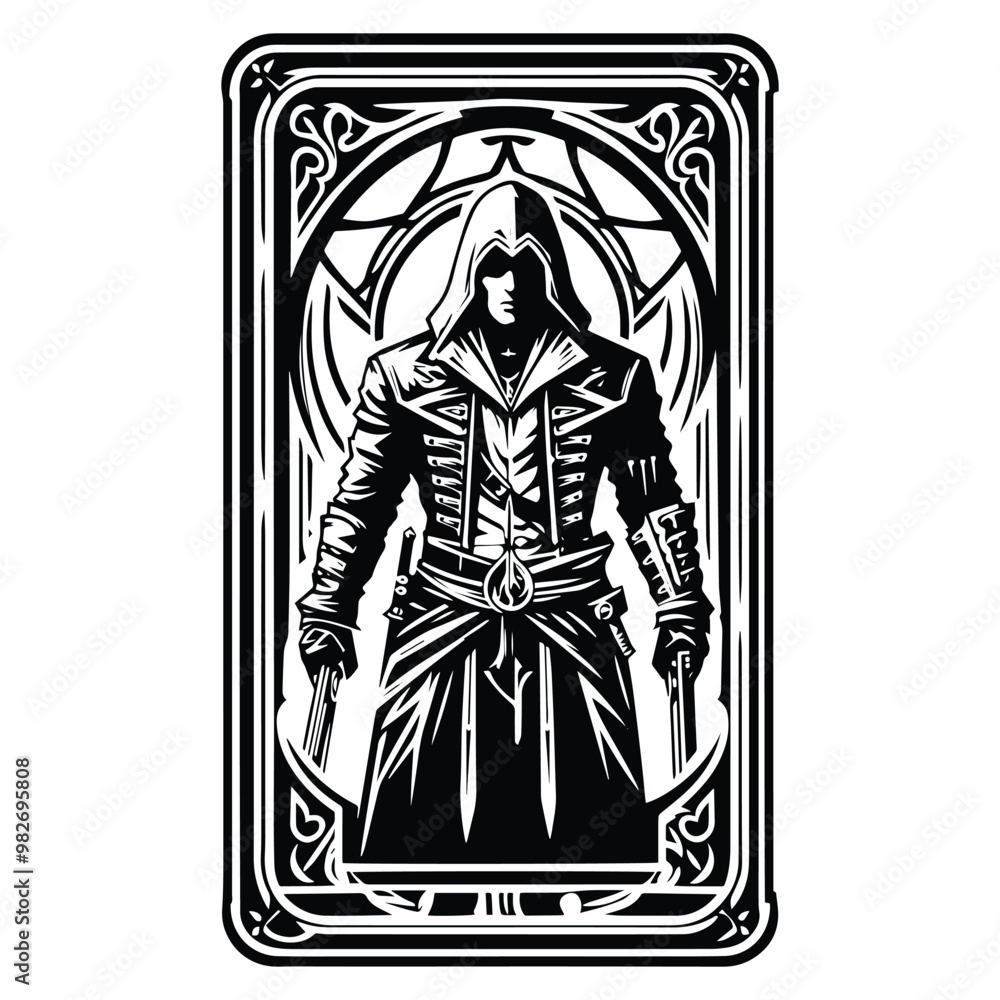 Fototapeta premium assasin male with tarot card in black and white illustrations, cutout graphic