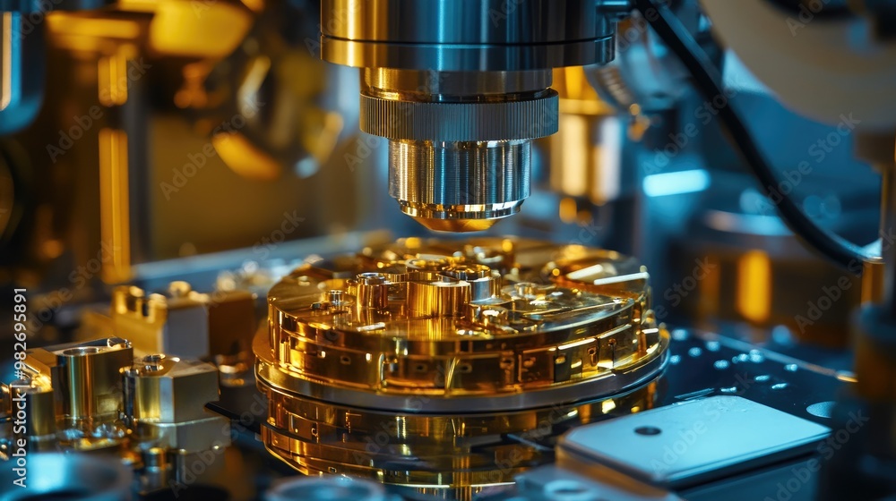 Gold-plated satellite parts being tested in a lab for space exploration missions Gold-plated satellite parts being tested in a lab for space exploration missions