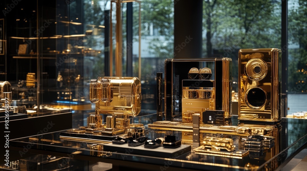 Gold-plated tech gadgets in a luxury showroom, highlighting the fusion ...