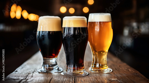 Three different types of beer in glasses on a wooden table with a blurred background of warm lights in a pub setting.