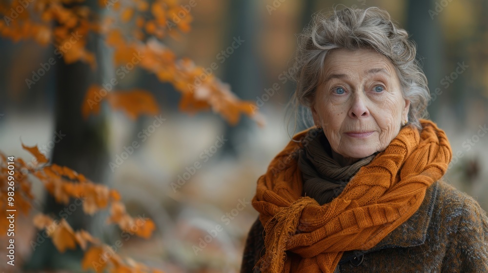 An elderly woman with gray hair, wearing an orange scarf and a brown coat, stands thoughtfully among autumn trees with golden leaves in the background An elderly woman with gray hair, wearing an orange scarf and a brown coat, stands thoughtfully among autumn trees with golden leaves in the background
