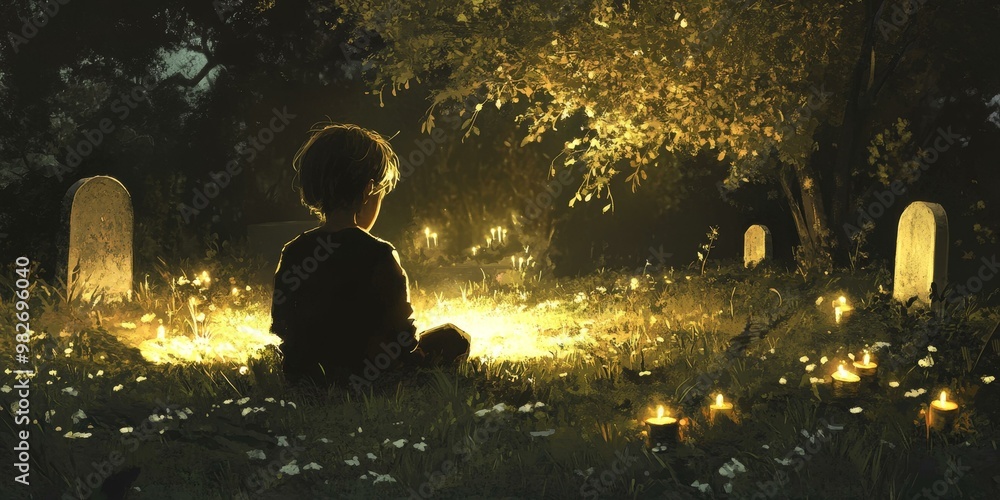 Obraz premium A lone figure sits amongst glowing candles in a graveyard.