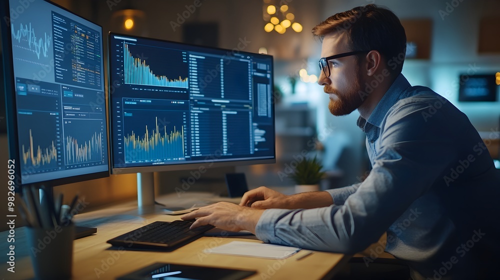 Financial Analyst Reviewing Market Data on Multiple Computer Screens in Office Financial Analyst Reviewing Market Data on Multiple Computer Screens in Office