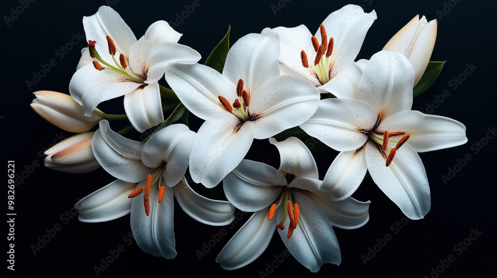 Fototapeta premium Close-up of a bouquet of white lilies with orange stamens and green leaves, set against a dark background.