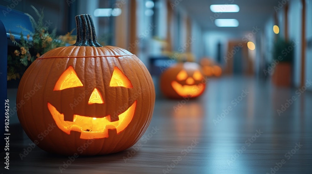 A brightly lit hallway adorned with carved pumpkins featuring glowing jack-o'-lantern faces, evoking a festive Halloween atmosphere A brightly lit hallway adorned with carved pumpkins featuring glowing jack-o'-lantern faces, evoking a festive Halloween atmosphere