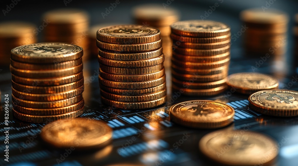 Stacks of Coins Representing Business Growth with Graph Visualization Stacks of Coins Representing Business Growth with Graph Visualization