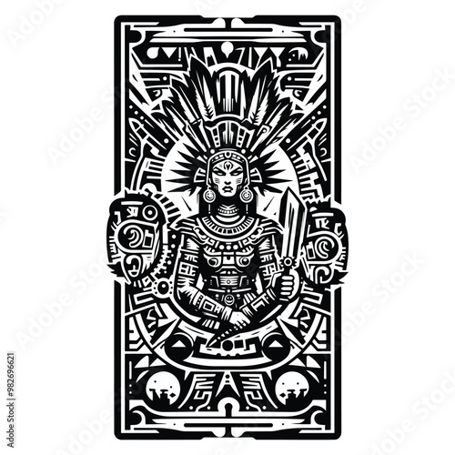 aztec warior female with tarot card in black and white illustrations, cutout graphic