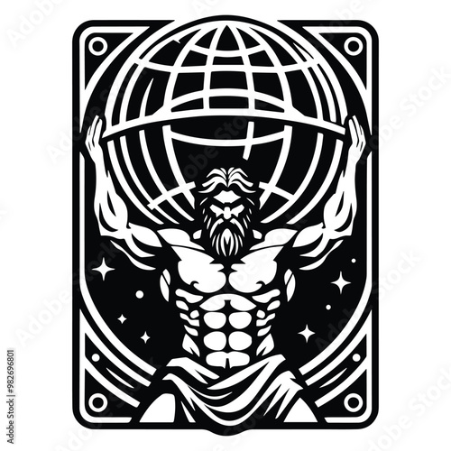 atlas greek god with tarot card in black and white illustrations, cutout graphic black and white illustration