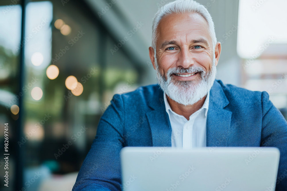Smiling mature man working on laptop. Smiling mature man working on laptop.