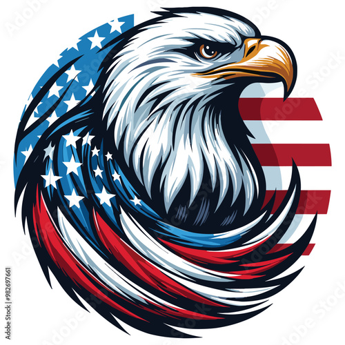 Illustrative bald eagle on American flag background, vector artwork, symbolizes patriotism