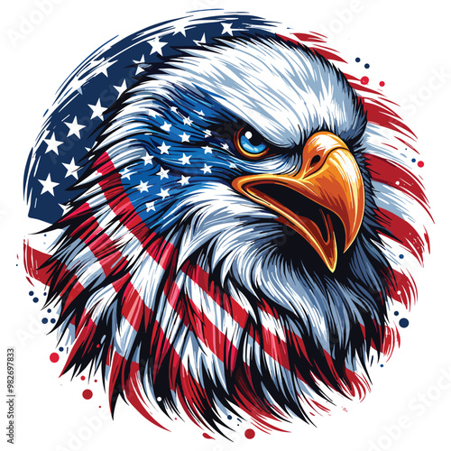 Fierce eagle head on American flag background, digital illustration, patriotic banner