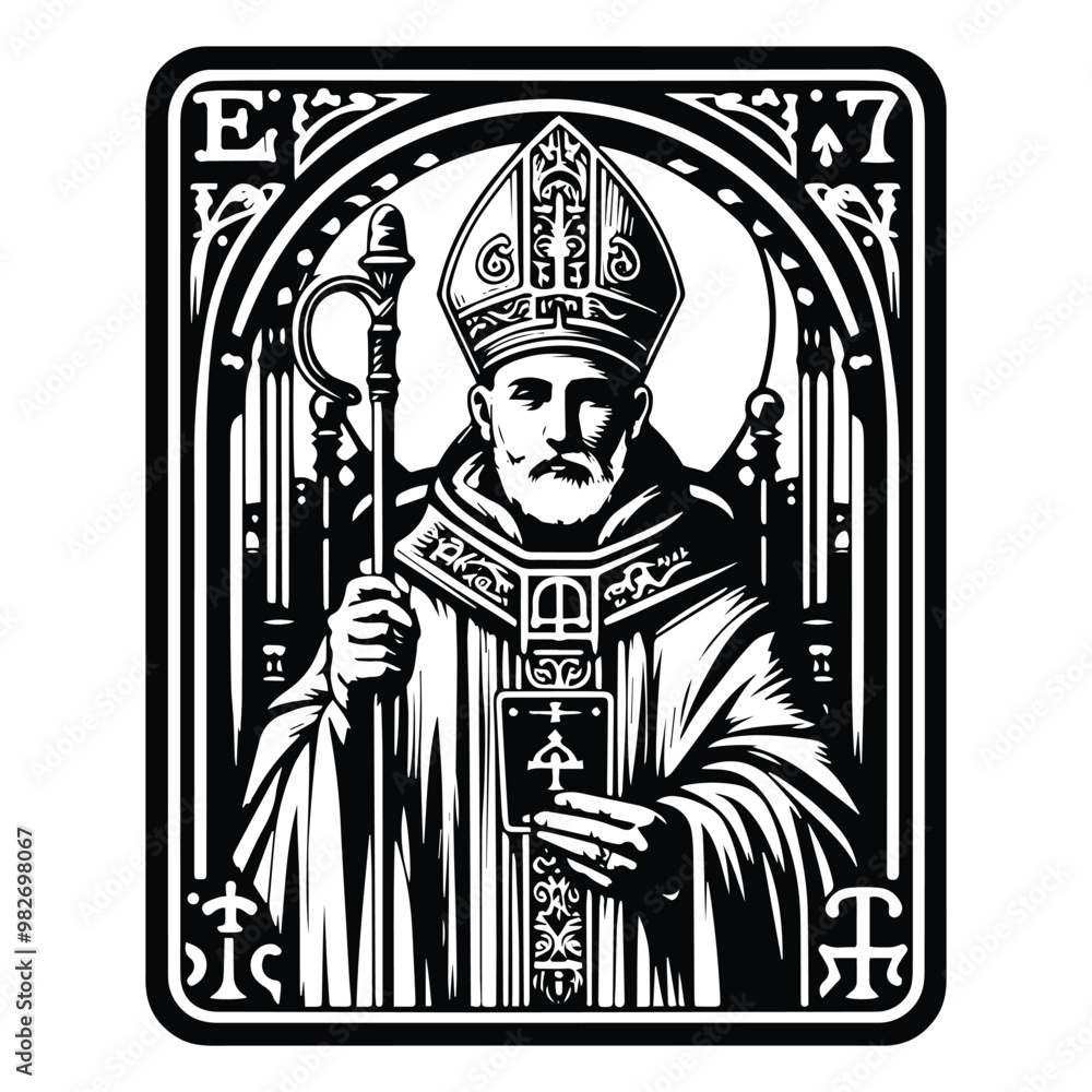 Fototapeta premium bishop with tarot card in black and white illustrations, cutout graphic