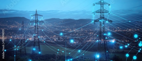 Power Lines and Cityscape at Night: A Striking Image of Energy Transmission