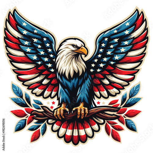 Patriotic bald eagle illustration with open wings, bold colors, symbolizing American pride