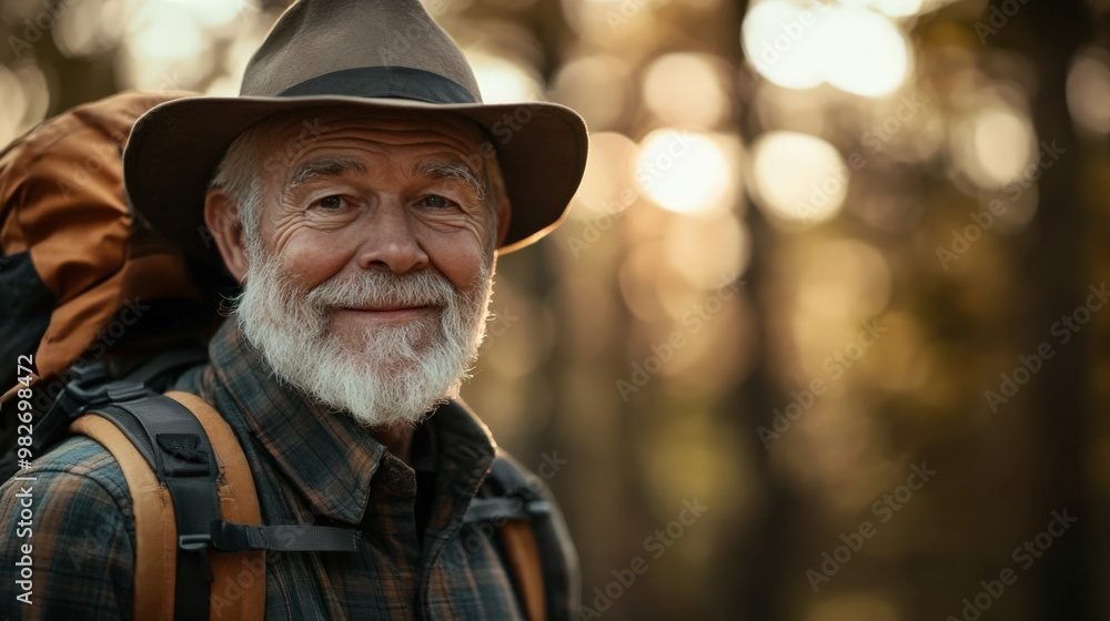 Senior Traveler with Backpack in the Wilderness Senior Traveler with Backpack in the Wilderness