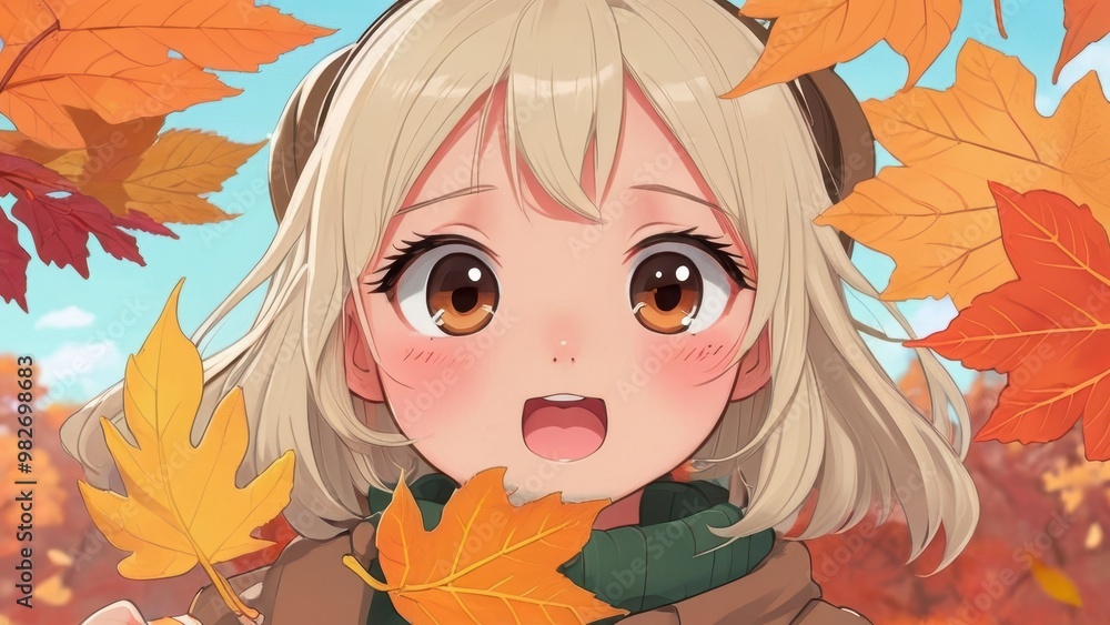 Girl with Leaves Smiling in Autumn Background Girl with Leaves Smiling in Autumn Background