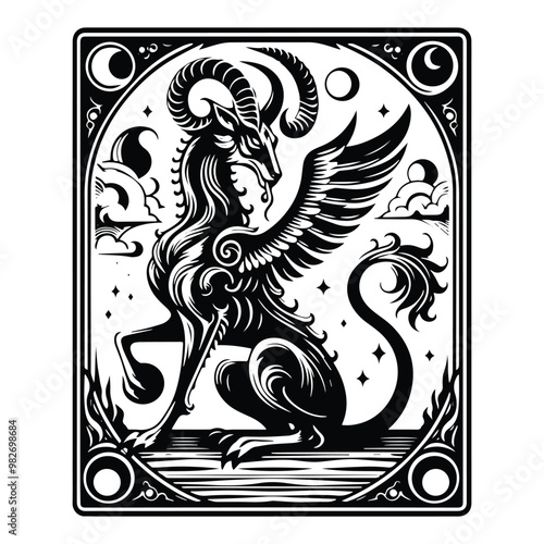 Chimera creature with tarot card decoration in black and white illustrations, cutout graphic