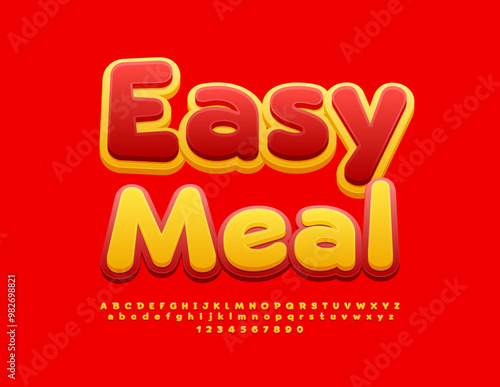 Vector creative concept Easy Meal. Yellow and Red Bright Font. Set of artistic Alphabet Letters and Numbers set.