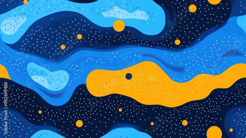 seamless pattern, Colorful abstract background with flowing shapes in blue and orange, creating a vibrant, dynamic look reminiscent of a cosmic design.