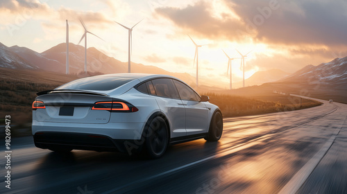 White electric car driving on the road, surrounded by mountains and wind turbines in background